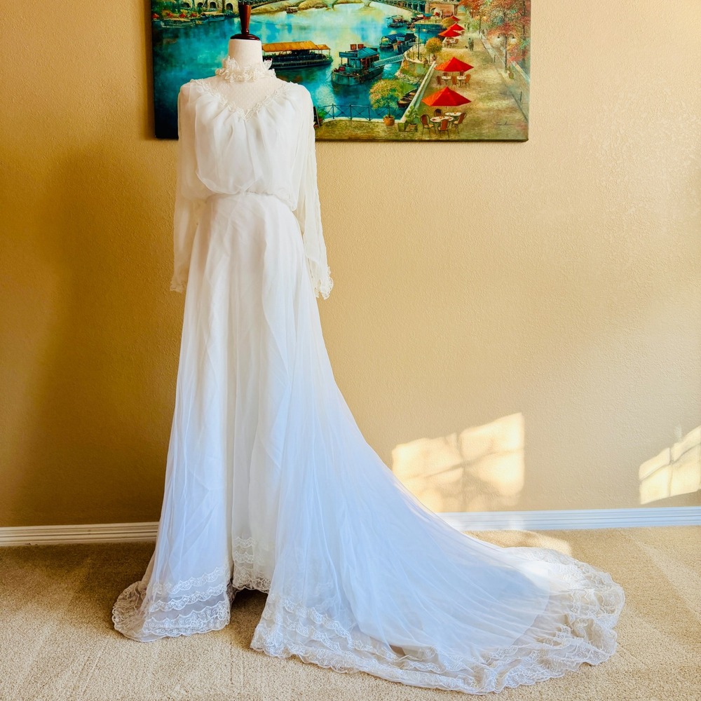 Alessandro Bridals Vintage Victorian Style White Chiffon Wedding Lace Trim Gown